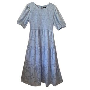 Merokeety Blue Floral Textured Smocked Midi Dress Sz L Romantic, Wedding Guest